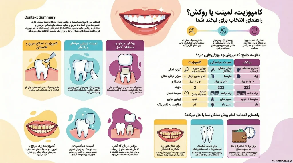 اینفوگراف کقایسه لمینت کامپوزیت و روکش دندان